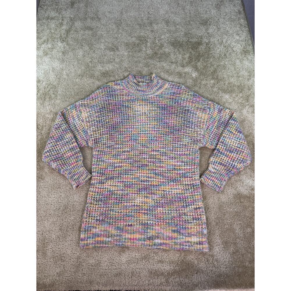 Sugar Moon Womens Sweater Sz Medium Rainbow Waffle Knit Chunky Turtle Neck C130